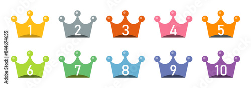 Crown ranking set isolated on a white background. 1st to 10th place set of crowns ranking vector illustration. Ranking crown vector icon set of different color use for games, web and app.