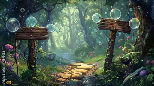 Fantasythemed crossroads with empty enchanted bubble signs, Fantasy, Rich colors, Illustration, Magical forest setting photo
