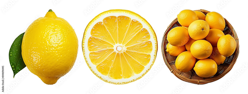 Lemons, whole, sliced, and clustered in a basket, showcasing their bright yellow color and textured skin. Lemons, whole, sliced, and clustered in a basket, showcasing their bright yellow color and textured skin.