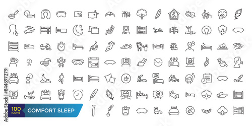 Comfort sleep simple outline icon set. Blanket pillow properties line icon set. Collection and pack of linear web and ui icons. Editable stroke. Vector illustration