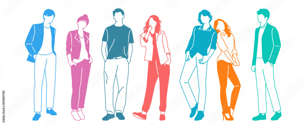 Group men and women stand, different colors, cartoon character, silhouettes standing people, design concept of flat icon, hand draw vector illustration,isolated on white background Group men and women stand, different colors, cartoon character, silhouettes standing people, design concept of flat icon, hand draw vector illustration,isolated on white background