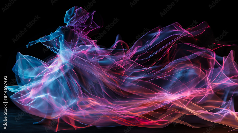 Dancer frozen in a fluid movement, captured in vivid detail against a black background Dancer frozen in a fluid movement, captured in vivid detail against a black background