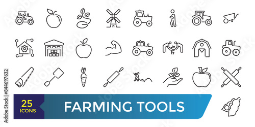 Farming Tools Line Icons Set.  Collection and pack of linear web and ui icons. Vector illustration