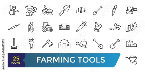 Farming Tools Line Icons Set.  Collection and pack of linear web and ui icons. Vector illustration
