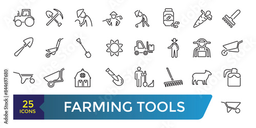 Farming Tools Line Icons Set.  Collection and pack of linear web and ui icons. Vector illustration