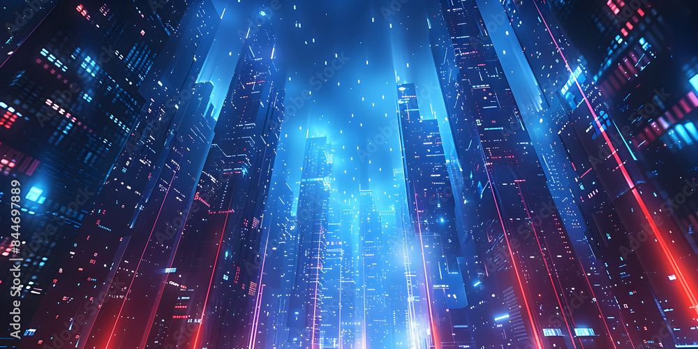 Fototapeta premium Neon-Lit Futuristic Urban Skyline with High-Tech Buildings and Cyberpunk Elements