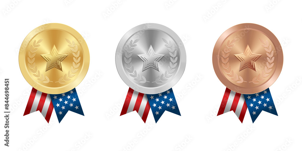 Golden silver and bronze award sport medal with USA ribbons and star Golden silver and bronze award sport medal with USA ribbons and star
