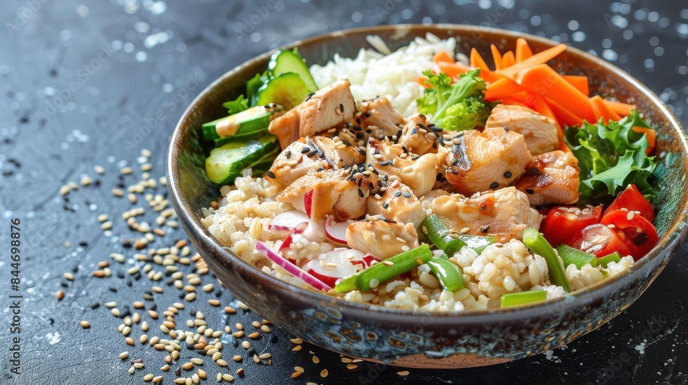 Nutritious bowl with grains, veggies, and lean protein, healthy and balanced meal, copy space for text. Nutritious bowl with grains, veggies, and lean protein, healthy and balanced meal, copy space for text.