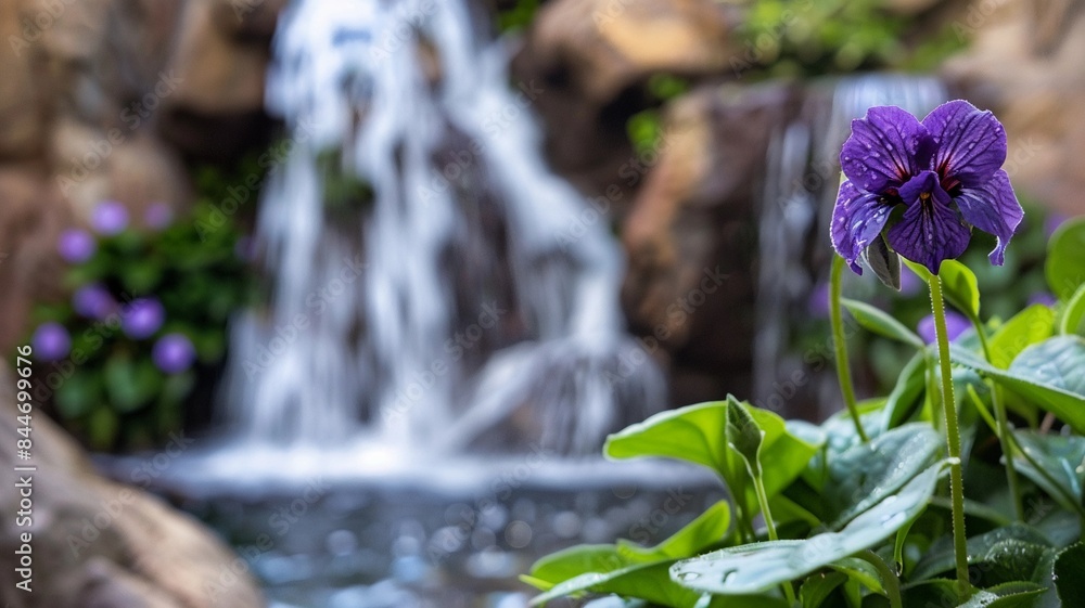Obraz premium Close-up of a vibrant purple flower blooming beside a cascading waterfall, highlighting nature's beauty and tranquility.