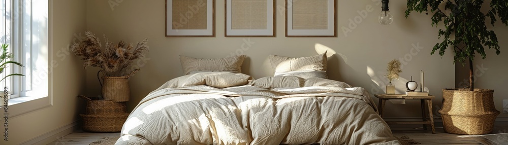 Cozy modern bedroom beige tones soft bedding minimalist decor three framed artworks above bed warm natural lighting Cozy modern bedroom beige tones soft bedding minimalist decor three framed artworks above bed warm natural lighting