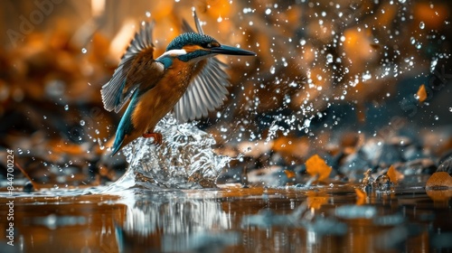 Kingfisher flying over water with spread wings in air for nature and wildlife beauty photography website © VICHIZH