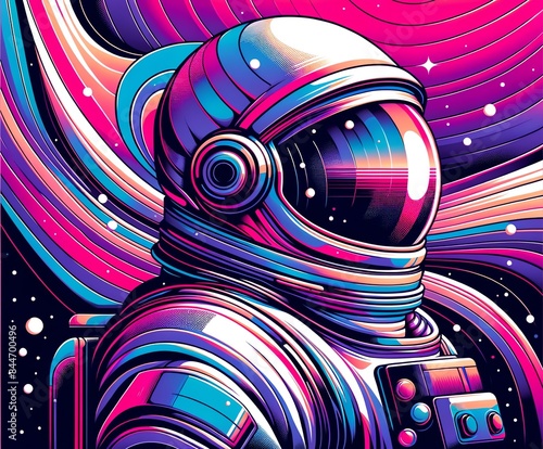 A vibrant, abstract digital illustration of an astronaut in a space suit