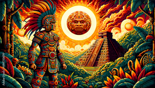 Aztec Warrior and Sun God in Vibrant Jungle Scene with Pyramid