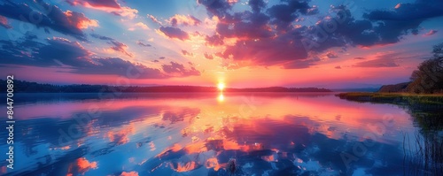 Stunning sunrise over a serene lake, vibrant sky colors reflecting on the water, peaceful landscape, copy space for text.