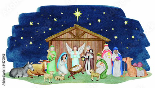 Fotografie Christmas nativity scene with Baby Jesus, Virgin Mary, Joseph, Three Wise Men, Shepherd of sheep and animals