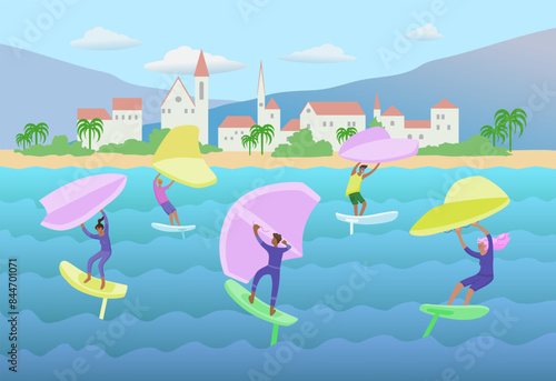 Man standing on a board, holds onto a wing and moves the board across the water. Seascape with wing foiling people. Vector color illustration.