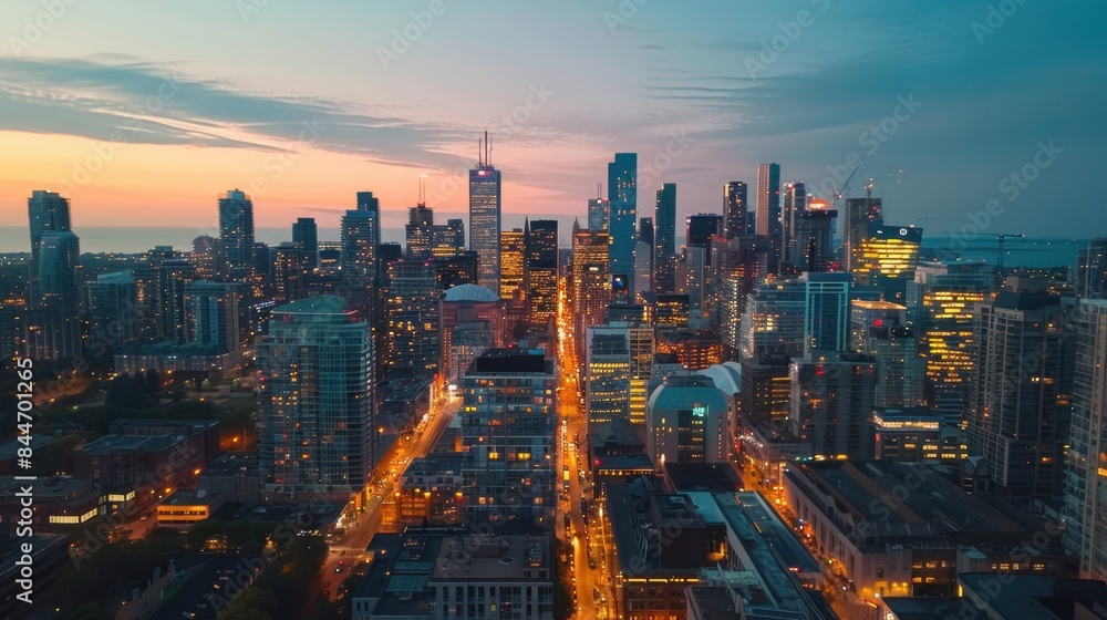 Obraz premium Drone shot of a vibrant cityscape at dusk with glowing lights. Dynamic and captivating. --ar 16:9 --style raw Job ID: 9b4b0bc8-681f-401f-bd46-32dca417a73d