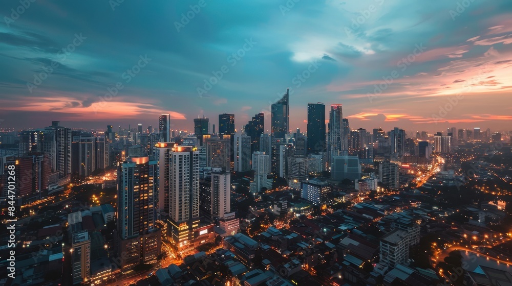 Obraz premium Drone shot of a vibrant cityscape at dusk with glowing lights. Dynamic and captivating. --ar 16:9 --style raw Job ID: 9b4b0bc8-681f-401f-bd46-32dca417a73d