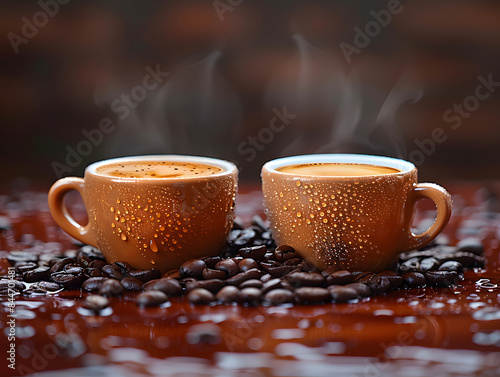 Zwei Tassen heißen Kaffee, aus denen Dampf aufsteigt, die auf einer Oberfläche aus Kaffeebohnen platziert sind.