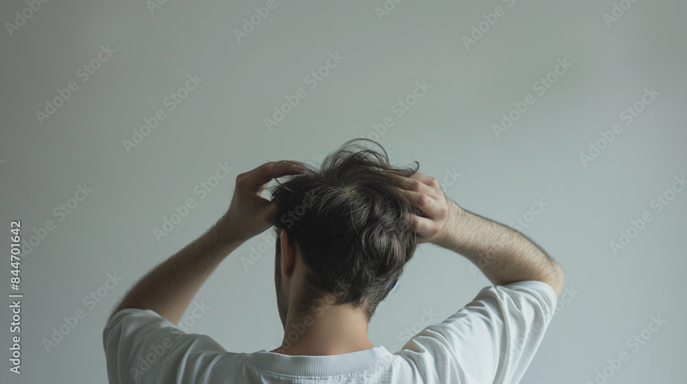 A man is seen from behind, with his hand on the back of their head holding hair that has fallen out due to baldness. The background should be plain white and gray for easy integration into various