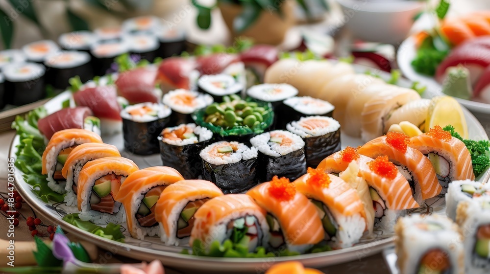 Fresh sushi platter with colorful rolls and garnishes, visually appealing and delicious, food presentation, copy space for text. Fresh sushi platter with colorful rolls and garnishes, visually appealing and delicious, food presentation, copy space for text.