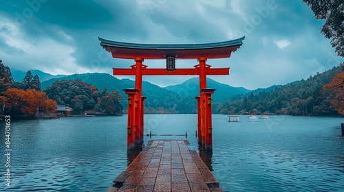 Shinto Shrine with Red Torii Gate 