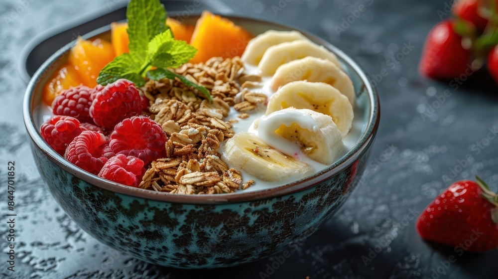 Breakfast bowl with fresh fruits, granola, and yogurt, aesthetically pleasing and nutritious, food photography, copy space for text. Breakfast bowl with fresh fruits, granola, and yogurt, aesthetically pleasing and nutritious, food photography, copy space for text.