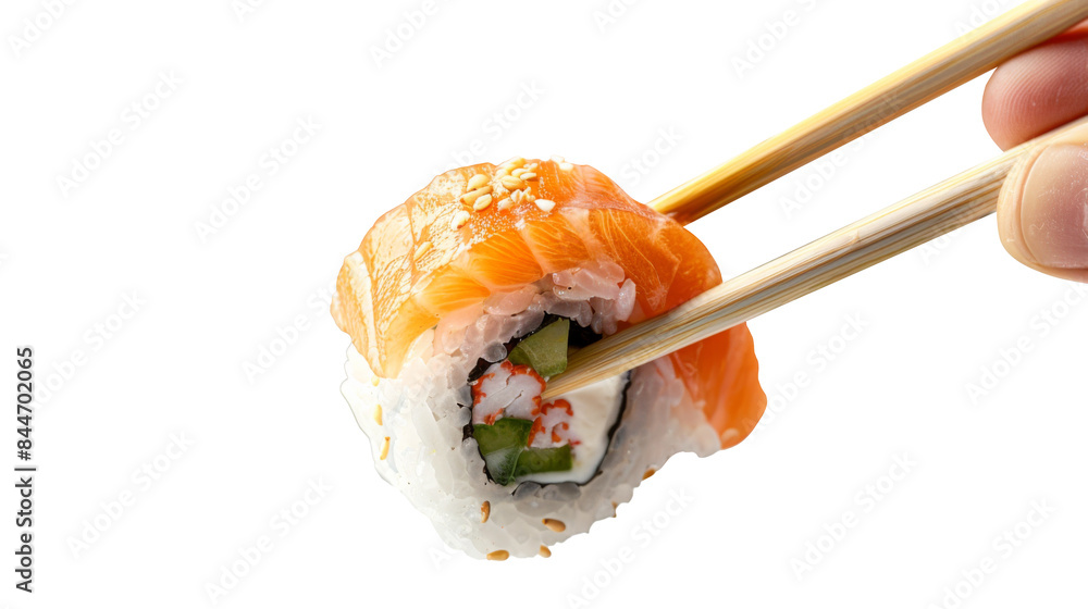 Holding chopsticks picking up sushi 1 piece isolated on transparent background, for japanese food concept, menu recommend and advertising in restaurant. Holding chopsticks picking up sushi 1 piece isolated on transparent background, for japanese food concept, menu recommend and advertising in restaurant.