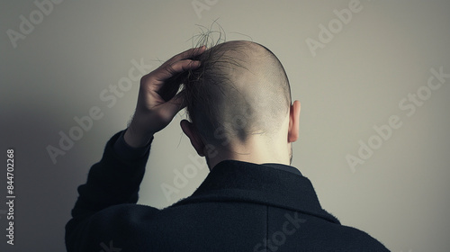 A man is seen from behind, with his hand on the back of their head holding hair that has fallen out due to baldness. The background should be plain white and gray for easy integration into various 