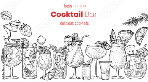 Alcoholic cocktails frame. Hand drawn vector illustration. Cocktails sketch set. Engraved style.