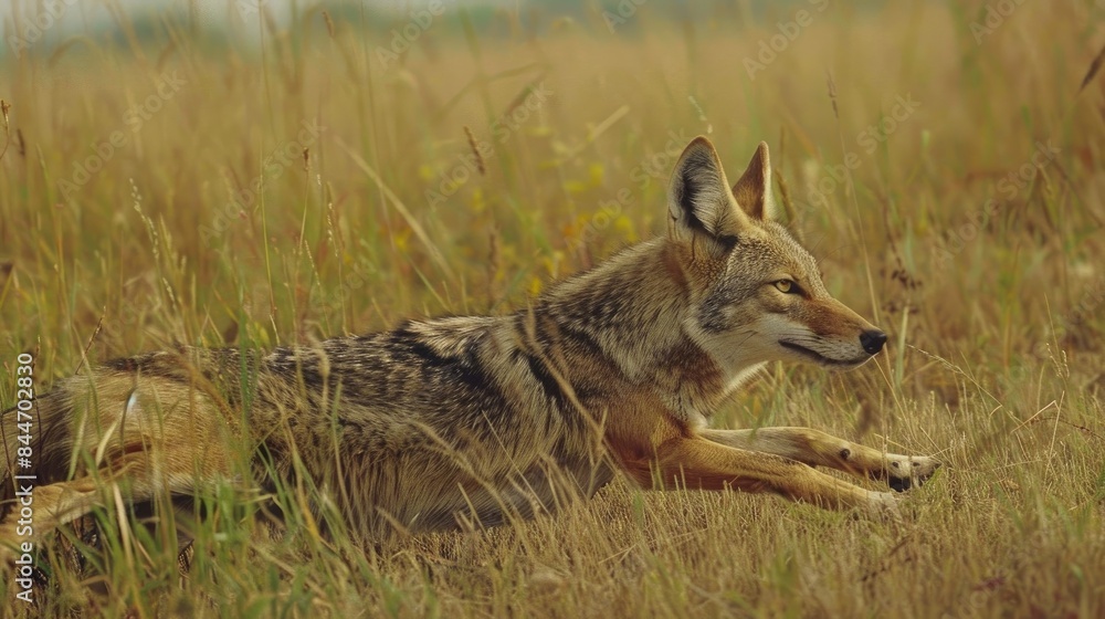 A coyote extends its body in a grassy field its front legs touching the ground and its hindquarters lifted resembling a yoga pose