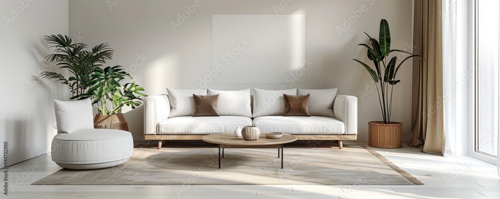 Modern minimalist living room with clean lines, neutral colors, and simple furniture, elegant home decor, copy space for text. Modern minimalist living room with clean lines, neutral colors, and simple furniture, elegant home decor, copy space for text.