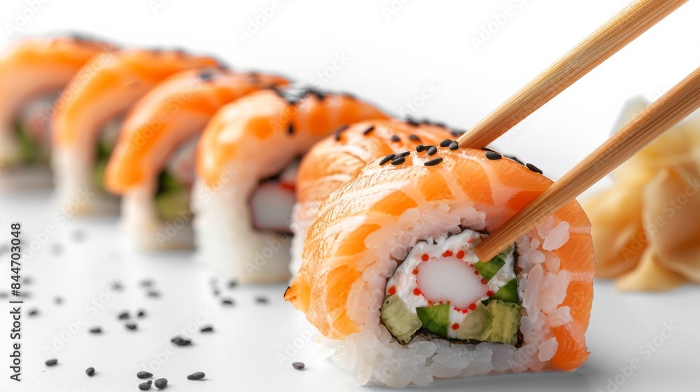Holding chopsticks picking up salmon sushi on white background, for japanese food concept, menu recommend and advertising in restaurant. Holding chopsticks picking up salmon sushi on white background, for japanese food concept, menu recommend and advertising in restaurant.