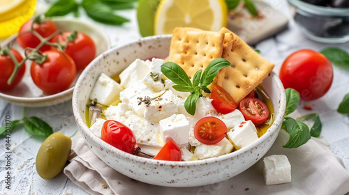 Illustration of average Mediterranean cuisine, authentic Greek appetizer for restaurants. Homemade food in rustic style. Beautiful, tasty, and healthy. Cheese, olives, tomatoes.