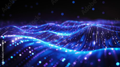 Abstract blue and violet glowing light waves and dots with bokeh effect on dark background. Digital technology concept of big data and artificial intelligence