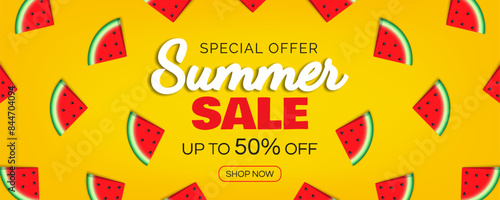 summer sale special offer banner design with watermelon slices on yellow background vector illustrationr