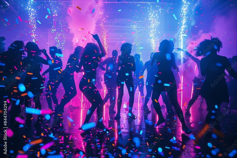 A highenergy party scene with silhouettes of people dancing A highenergy party scene with silhouettes of people dancing