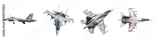 Su-30 Flanker-C isolated on transparent png background. Four different types of fighter jets are shown in a row