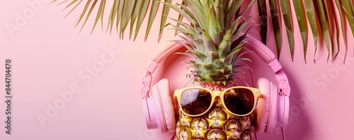 A pineapple wearing sunglasses and headphones against a solid pastel background The image should convey a playful and quirky vibe Pop art