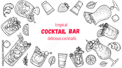 Alcoholic cocktails frame. Hand drawn vector illustration. Cocktails sketch set. Engraved style.
