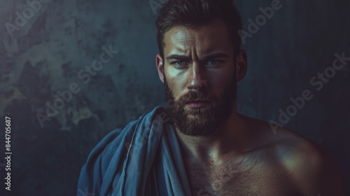Handsome muscular Greek god, short hair wearing toga, fantasy aesthetic