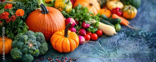 Colorful assortment of autumn vegetables, including pumpkins and squash, seasonal harvest, copy space for text. photo