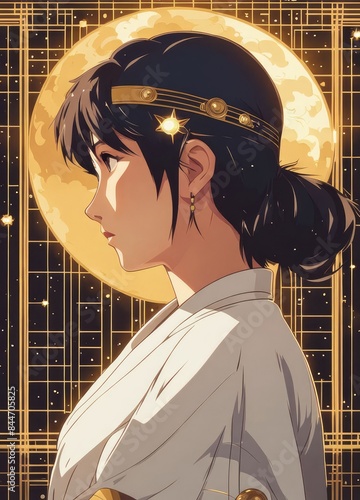 illustration of a lone person at night by moonlight in anime and cartoon style.