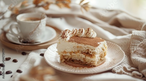 A slice of tiramisu with a cup of coffee