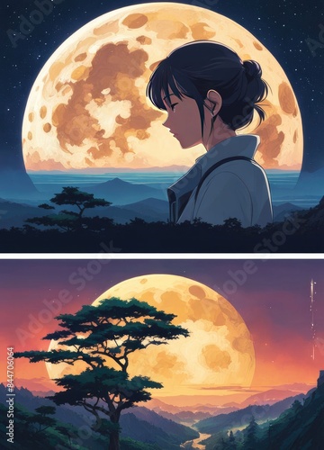 illustration of a lone person at night by moonlight in anime and cartoon style.