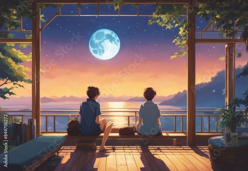 illustration of a lone person at night by moonlight in anime and cartoon style.