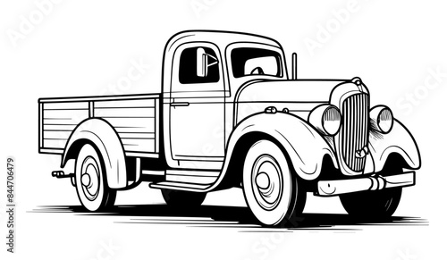 Antique truck coloring page, black and white, vector illustration.