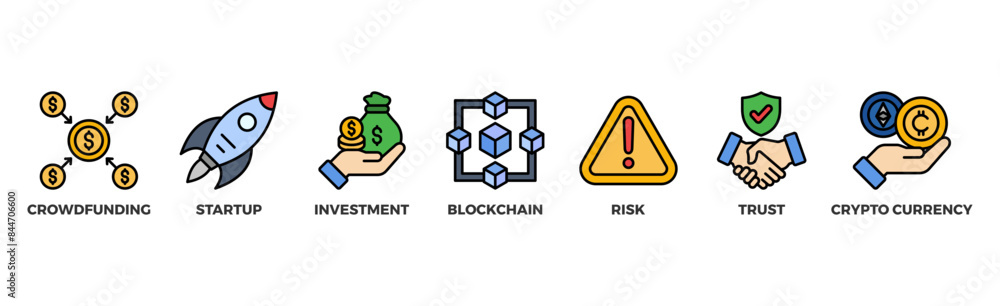ICO banner web icon vector illustration concept of initial coin offering with icon of crowdfunding, startup, investment, blockchain, risk, trust and cypto currency ICO banner web icon vector illustration concept of initial coin offering with icon of crowdfunding, startup, investment, blockchain, risk, trust and cypto currency