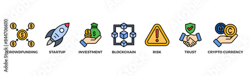ICO banner web icon vector illustration concept of initial coin offering with icon of crowdfunding, startup, investment, blockchain, risk, trust and cypto currency