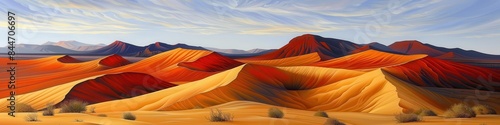 Breathtaking Landscape of Vibrant Red and Orange Sand Dunes under a Blue Sky in a Serene Desert with Soft Sunlight